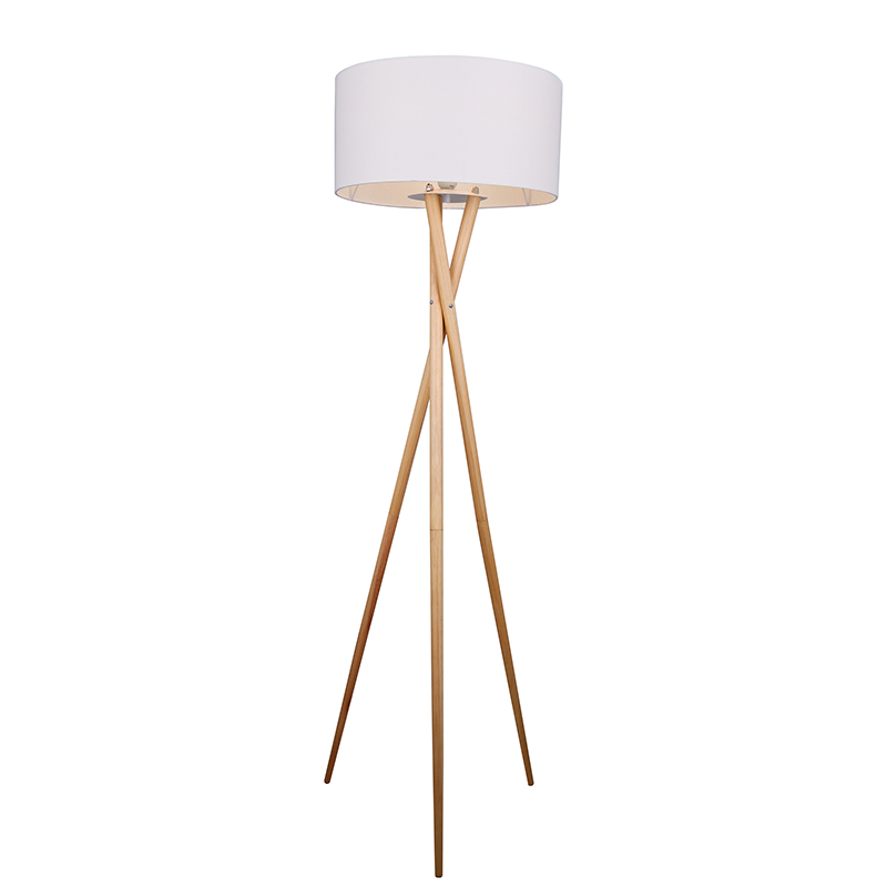 Drewniana trójnożna prosta lampa podłogowa